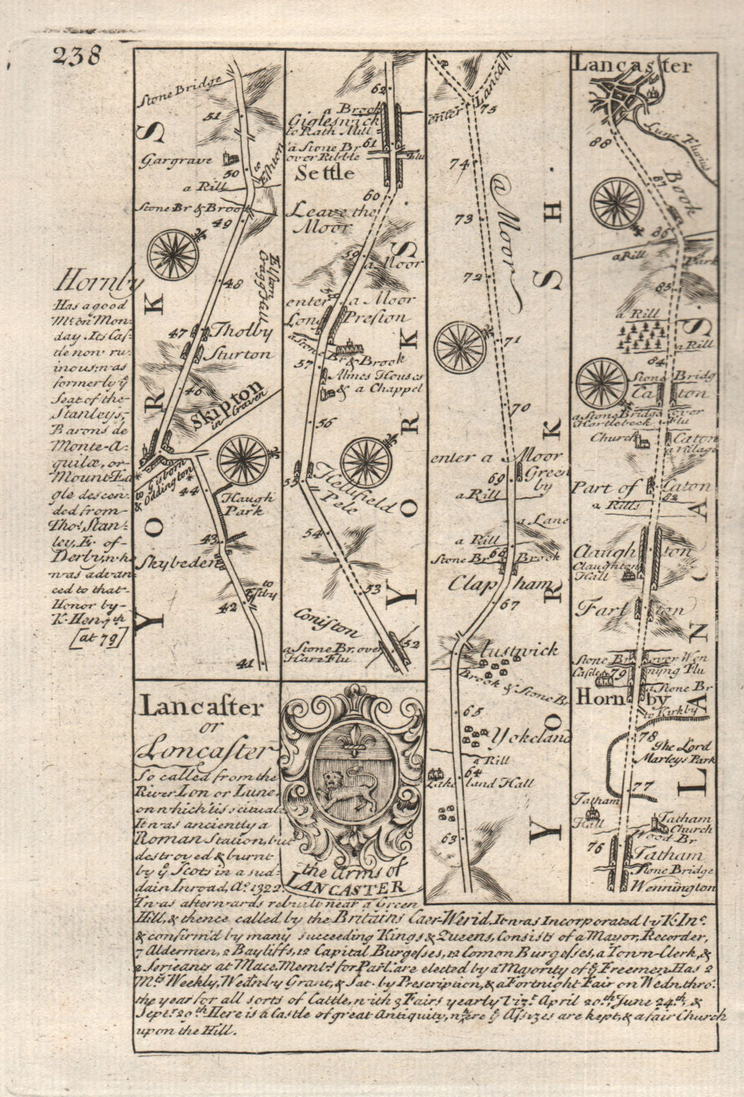 Skipton-Settle-Hornby-Lancaster road strip map by J. OWEN & E. BOWEN 1753